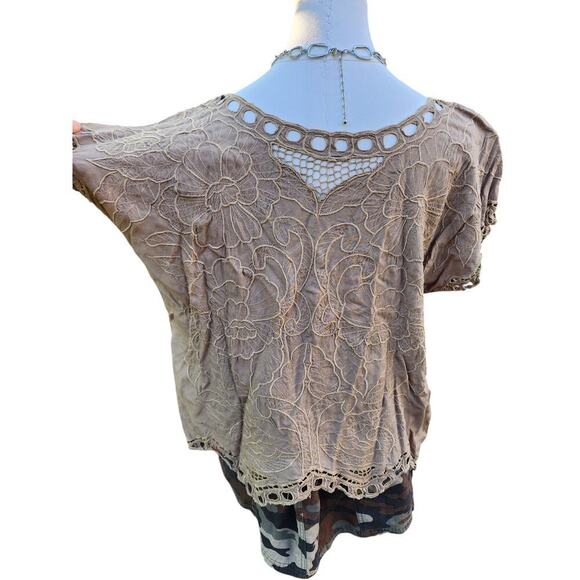 Vtg Jane Ashley Tan Beige Embroidered Floral Cutout Boho Hippie Mesh Top Sz M - Picture 5 of 8